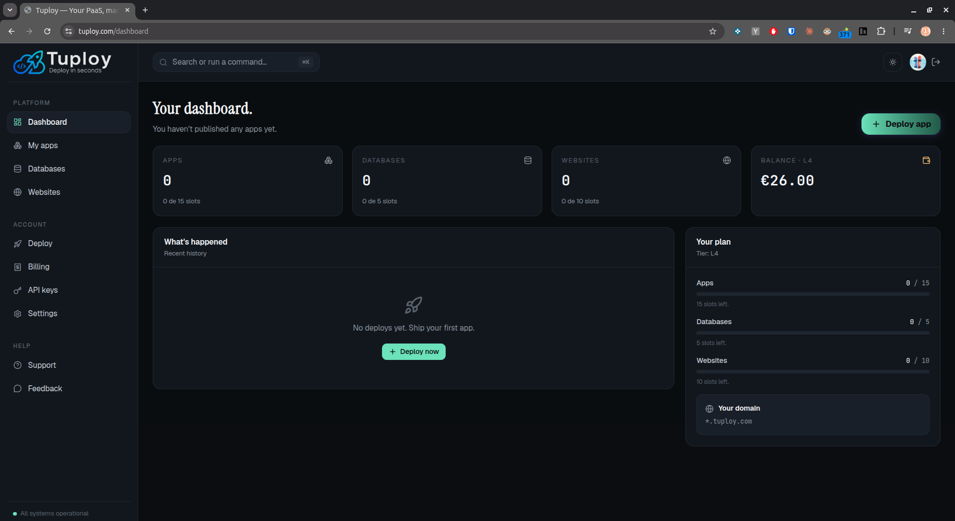 Tuploy dashboard right after first sign-in