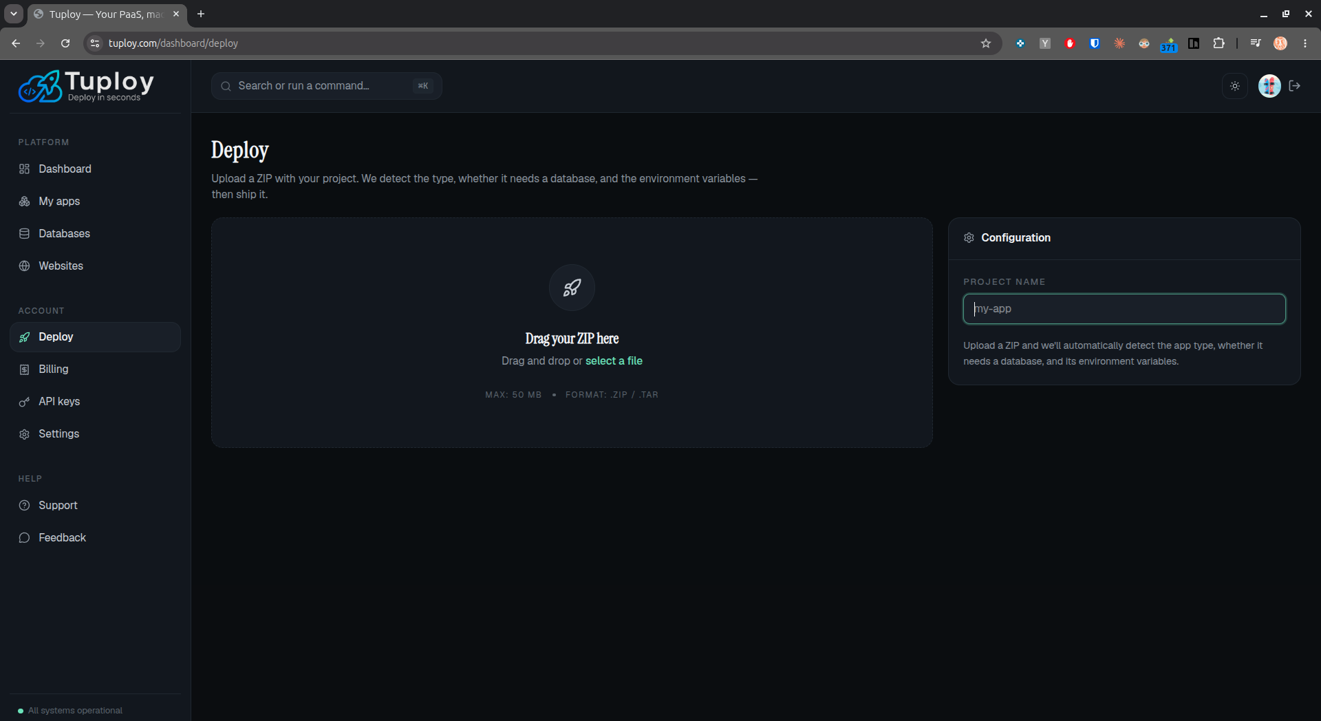 Empty Deploy wizard waiting for an upload