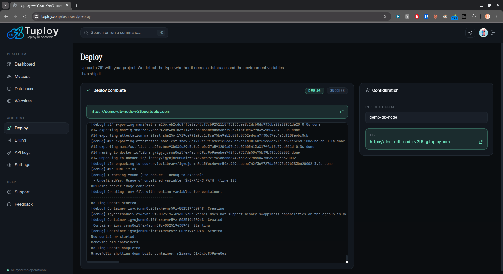 Deploy succeeded with the live URL revealed